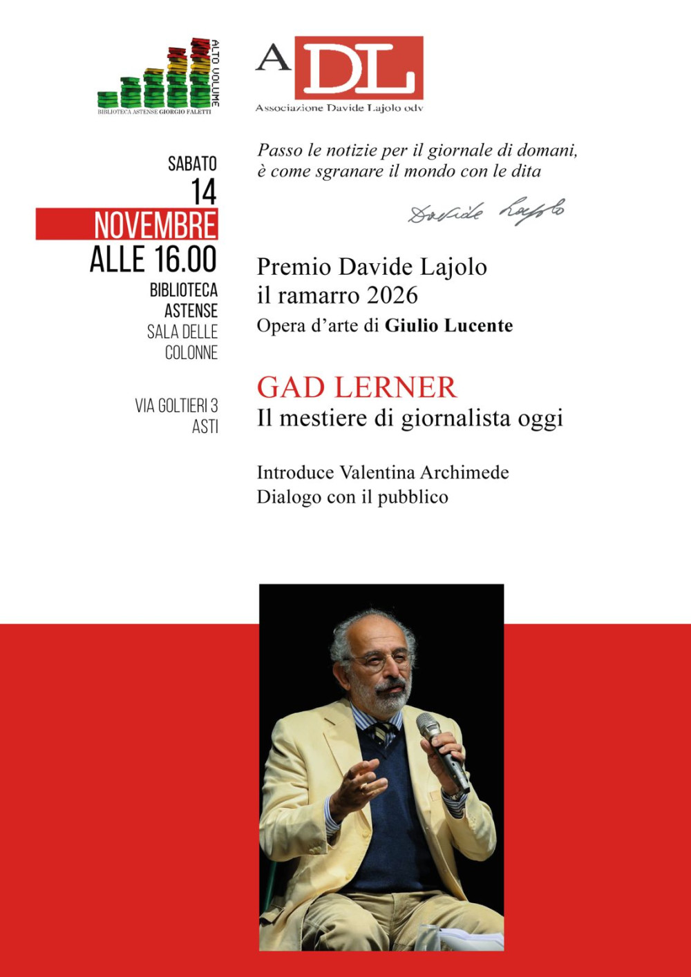 Comunicato Stampa: premio Davide Lajolo 2026 a Gad Lerner